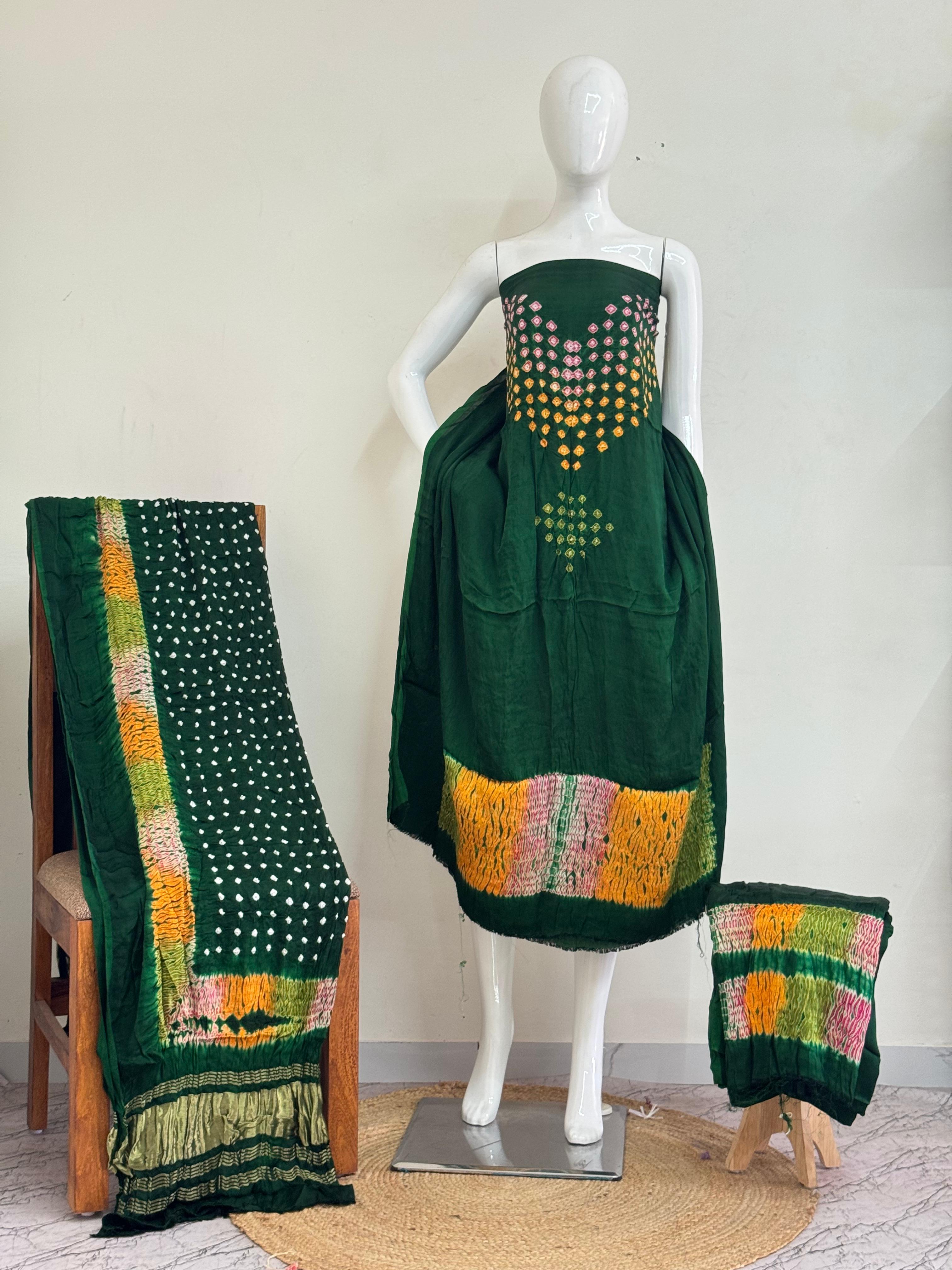 Premium Modal Silk Shibori & Bandhani 3 Piece Suit Set with Zari Pallu Dupatta | Women's Unstitched Dress Material