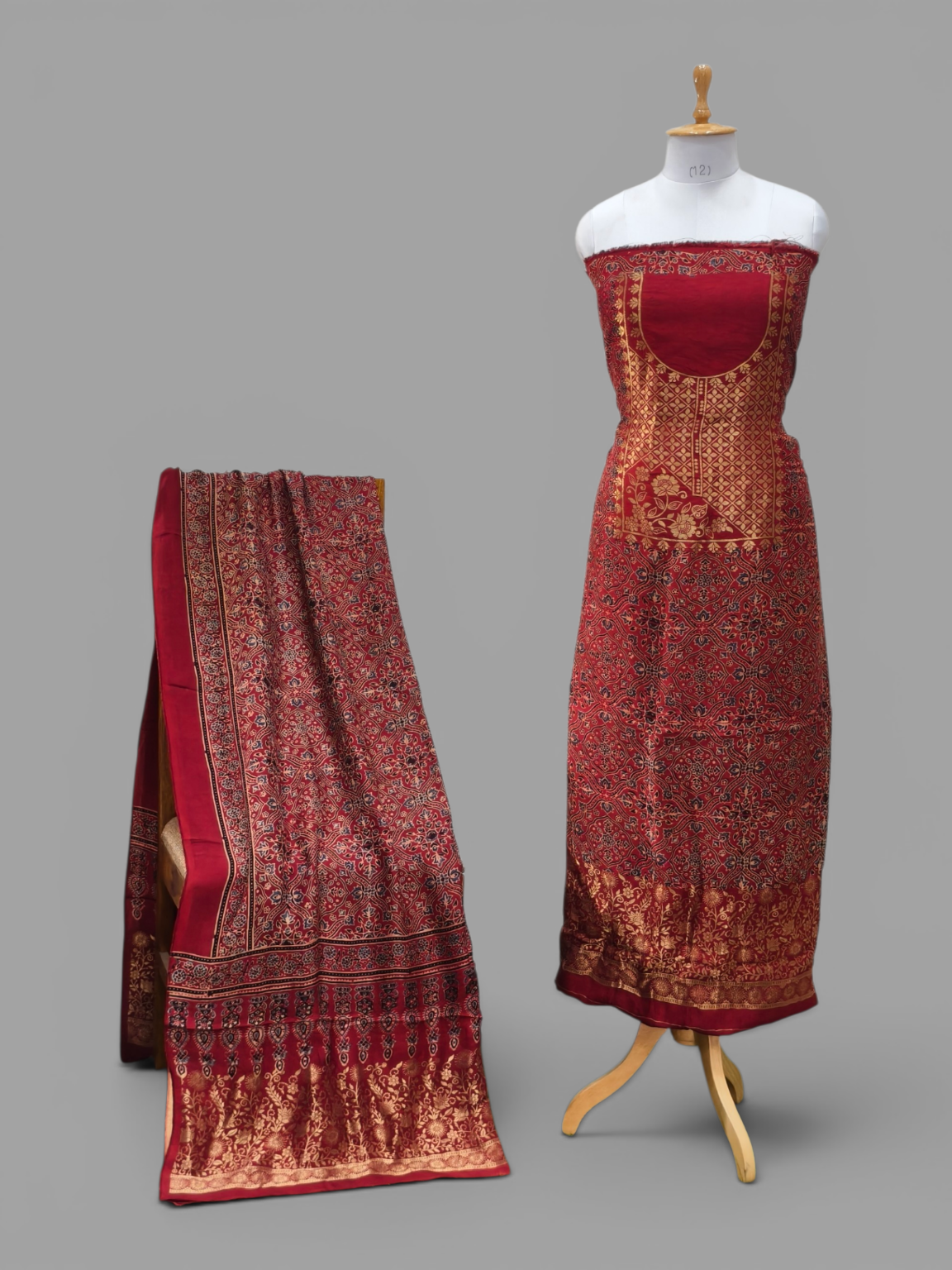 Premium Dola Silk Ajrakh Hand Block Print Natural Dye 2-Piece Suit with Zari Border Dupatta