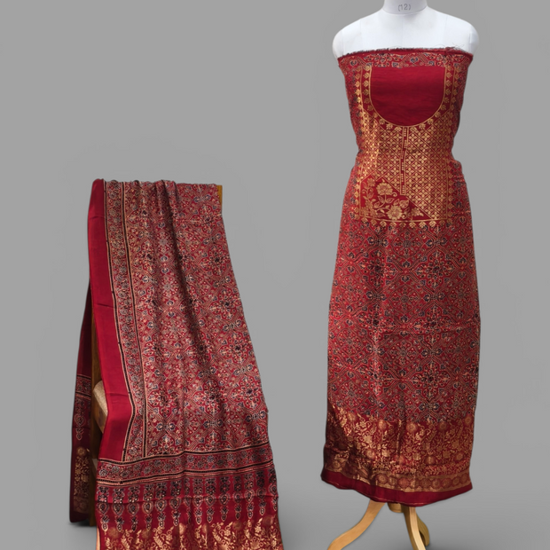 Premium Dola Silk Ajrakh Hand Block Print Natural Dye 2-Piece Suit with Zari Border Dupatta