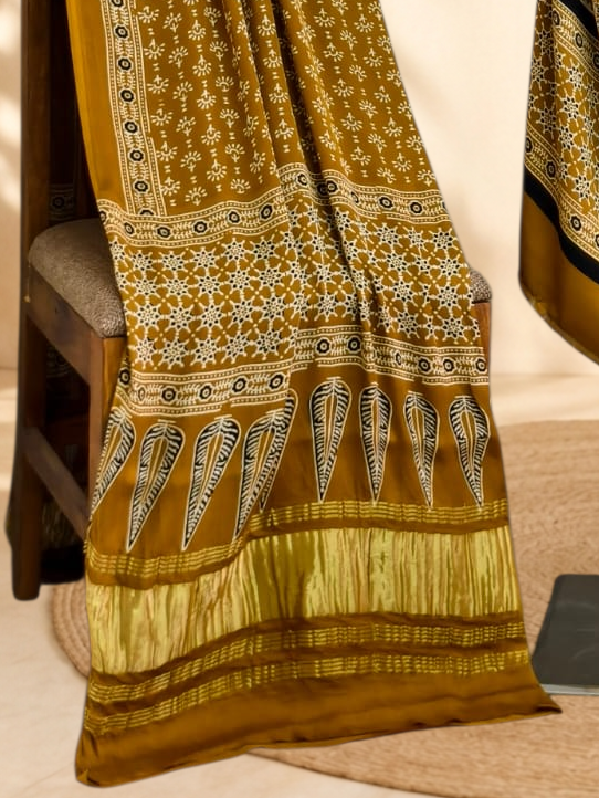 Premium Ajrakh Hand Block Print Modal Silk 3-Piece Suit Set with Zari Pallu Dupatta