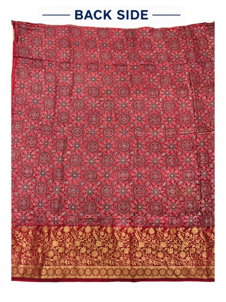 Premium Dola Silk Ajrakh Hand Block Print Natural Dye 2-Piece Suit with Zari Border Dupatta