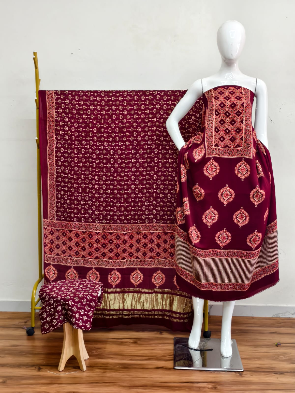 Havi Modal Silk Ajrakh Neptol Dye & Discharge Print Panel Design 3-Piece Suit - The Ajrakh Studio