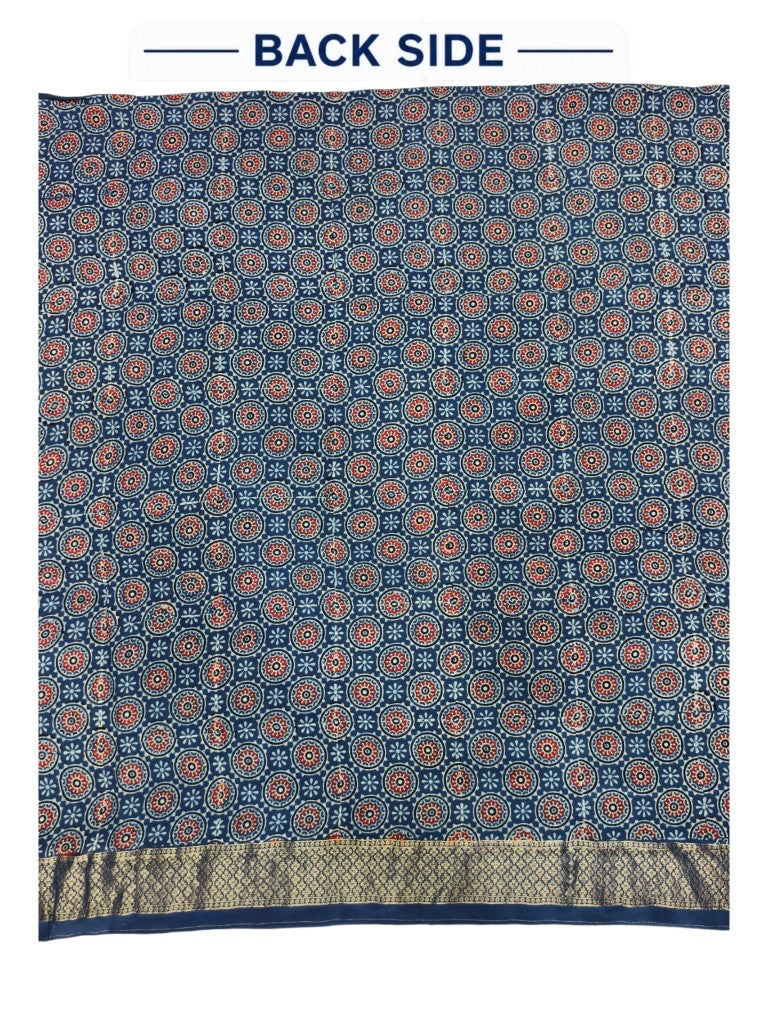 Premium Dola Silk Ajrakh Hand Block Print Natural Dye 2-Piece Suit with Zari Border Dupatta