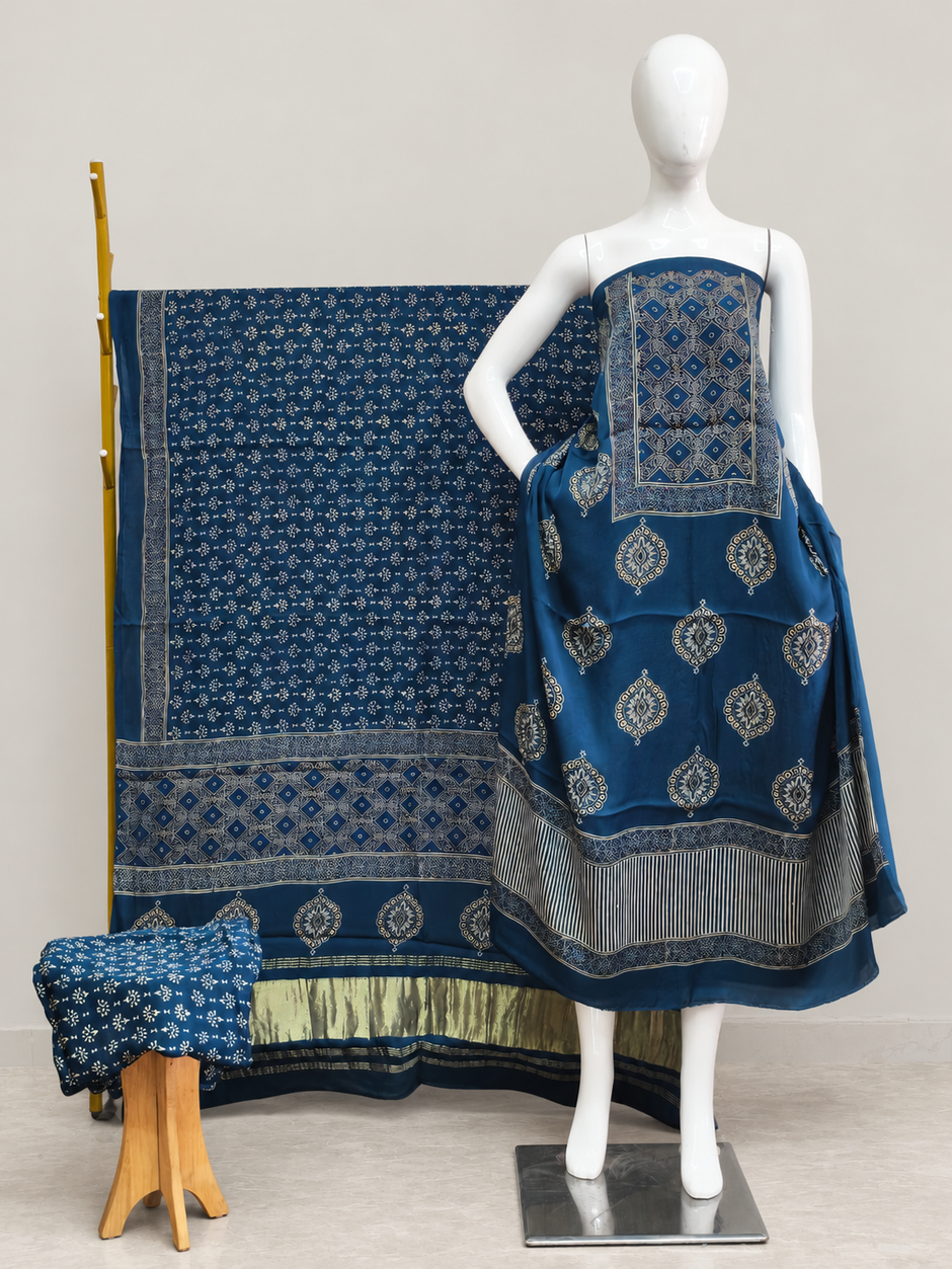 Havi Modal Silk Ajrakh Neptol Dye & Discharge Print Panel Design 3-Piece Suit - The Ajrakh Studio