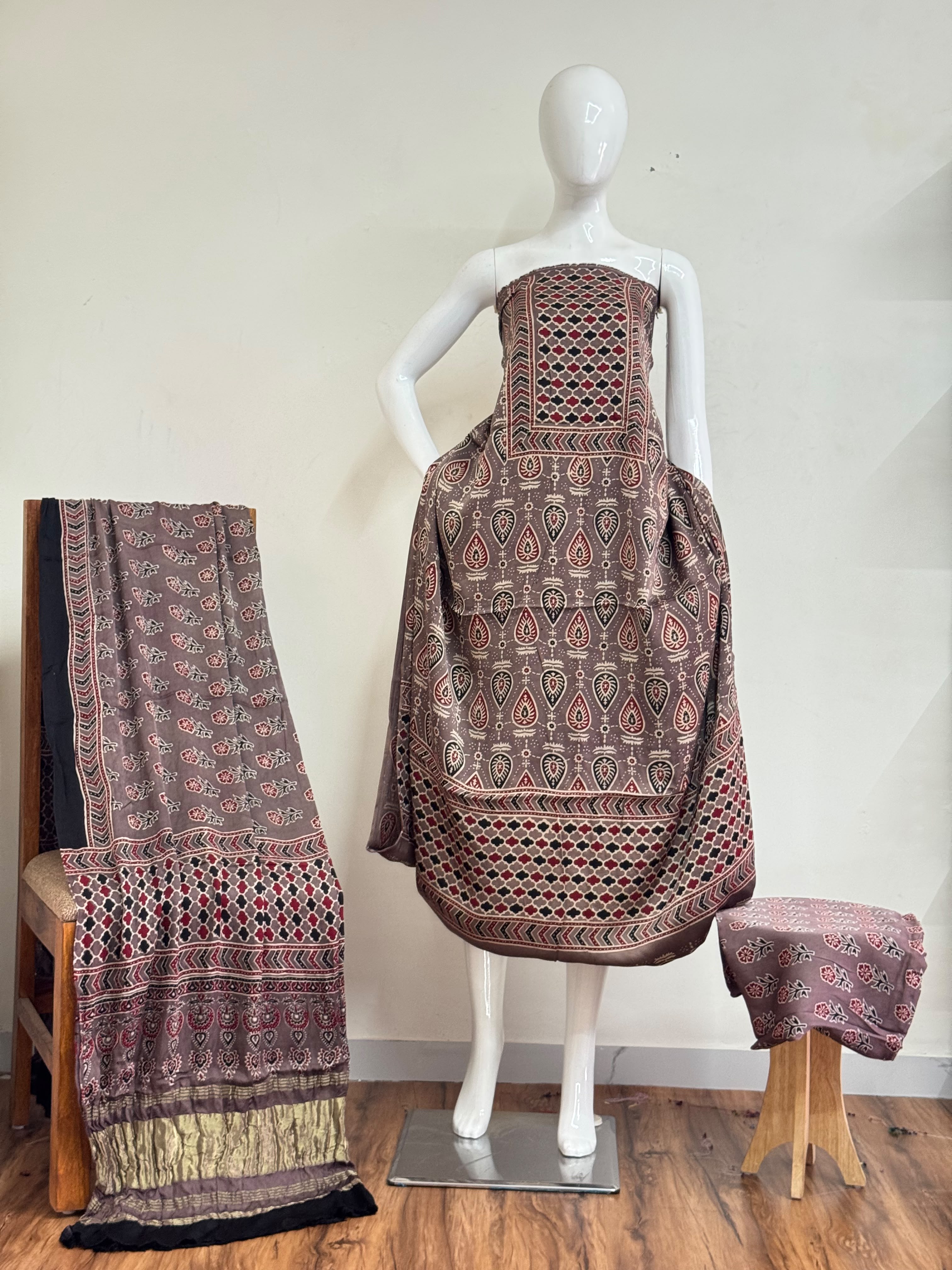 Ajrakh Hand Block Print Natural Dye Pure Modal Silk 3 Piece Suit with Zari Pallu Dupatta