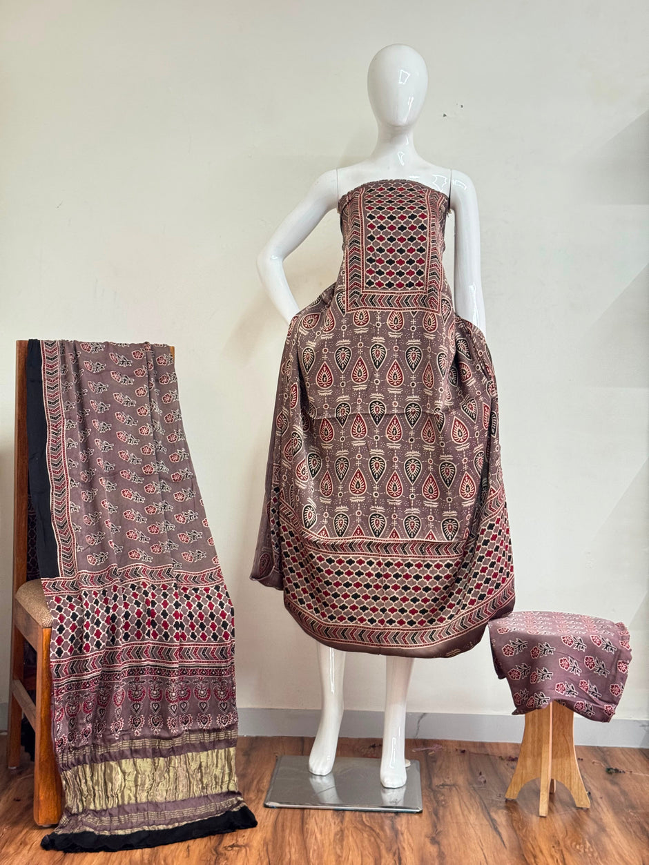 Ajrakh Hand Block Print Natural Dye Pure Modal Silk 3 Piece Suit with Zari Pallu Dupatta