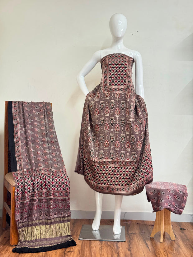 Ajrakh Hand Block Print Natural Dye Pure Modal Silk 3 Piece Suit with Zari Pallu Dupatta