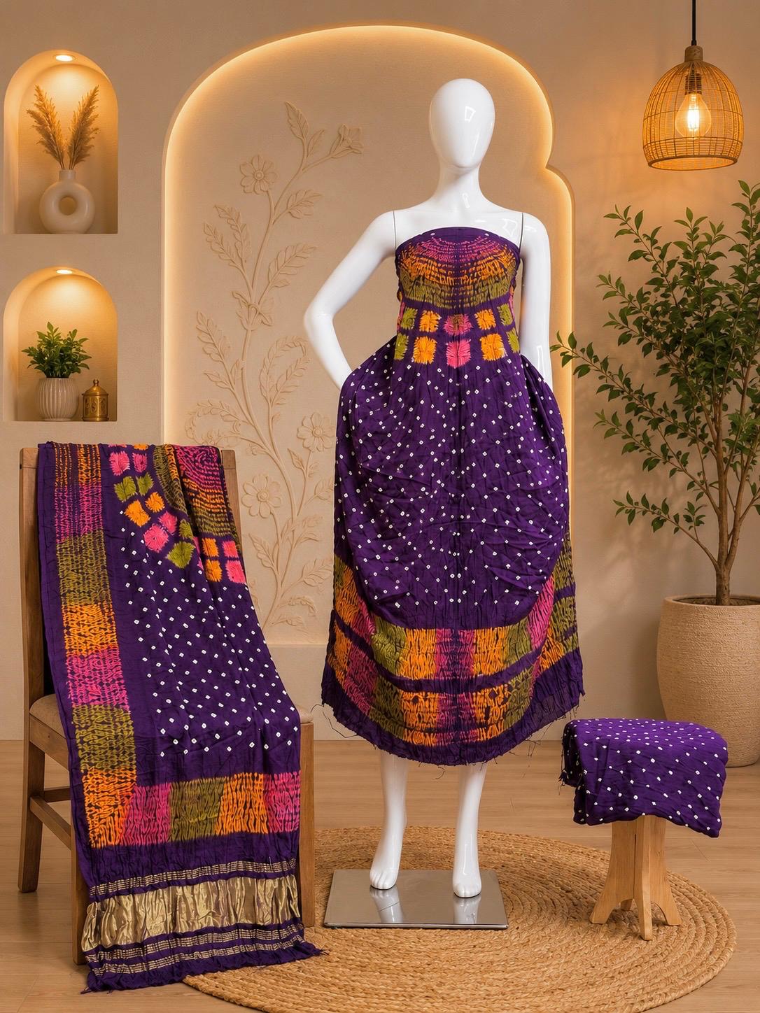 Premium Modal Silk Shibori & Bandhani 3 Piece Suit Set with Zari Pallu Dupatta | Women's Unstitched Dress Material