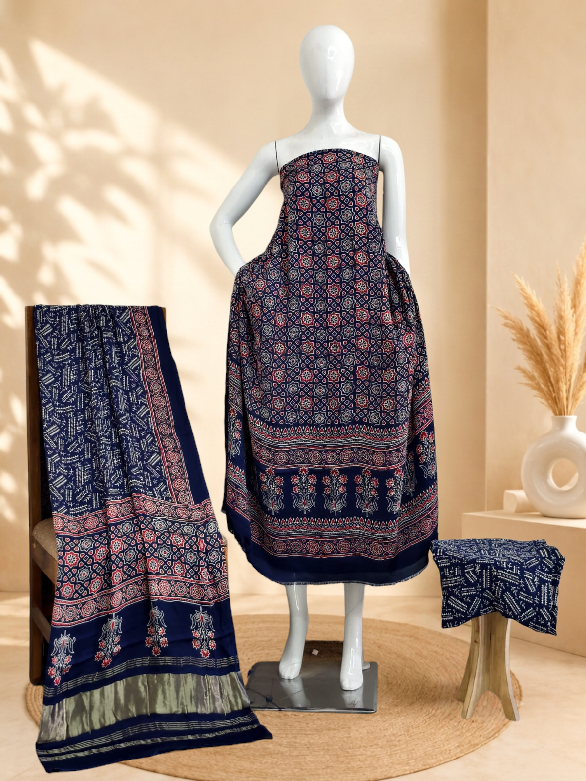 Premium Ajrakh Hand Block Print Modal Silk 3-Piece Suit Set with Zari Pallu Dupatta