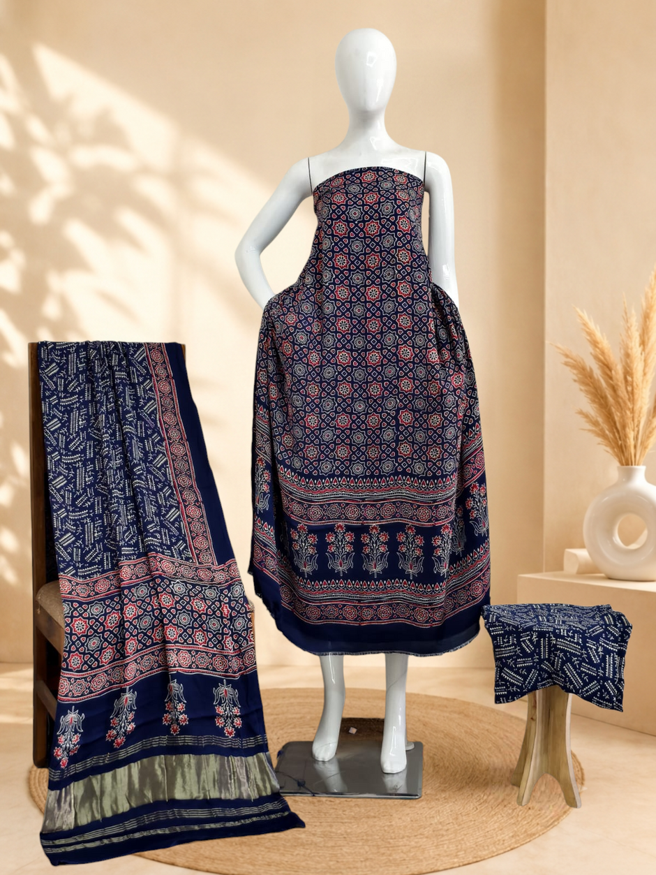Premium Ajrakh Hand Block Print Modal Silk 3-Piece Suit Set with Zari Pallu Dupatta