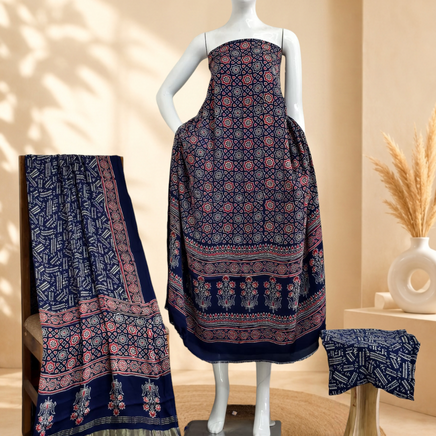 Premium Ajrakh Hand Block Print Modal Silk 3-Piece Suit Set with Zari Pallu Dupatta