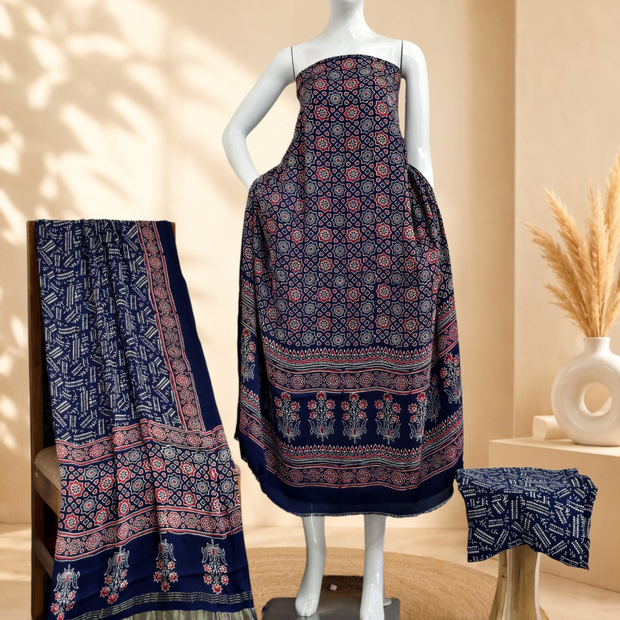 Premium Ajrakh Hand Block Print Modal Silk 3-Piece Suit Set with Zari Pallu Dupatta