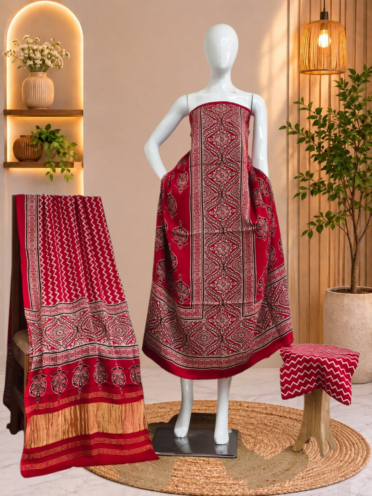 Premium  Ajrakh Hand Block Print Modal Silk 3-Piece Suit Set with Zari Pallu Dupatta