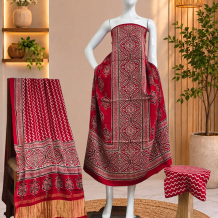 Premium  Ajrakh Hand Block Print Modal Silk 3-Piece Suit Set with Zari Pallu Dupatta