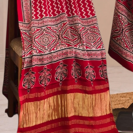 Premium  Ajrakh Hand Block Print Modal Silk 3-Piece Suit Set with Zari Pallu Dupatta