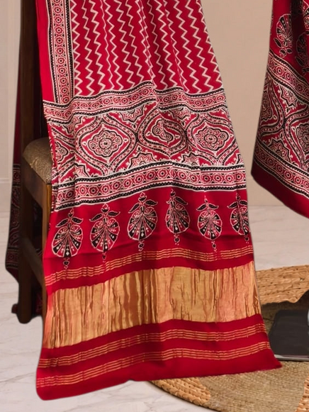 Premium  Ajrakh Hand Block Print Modal Silk 3-Piece Suit Set with Zari Pallu Dupatta