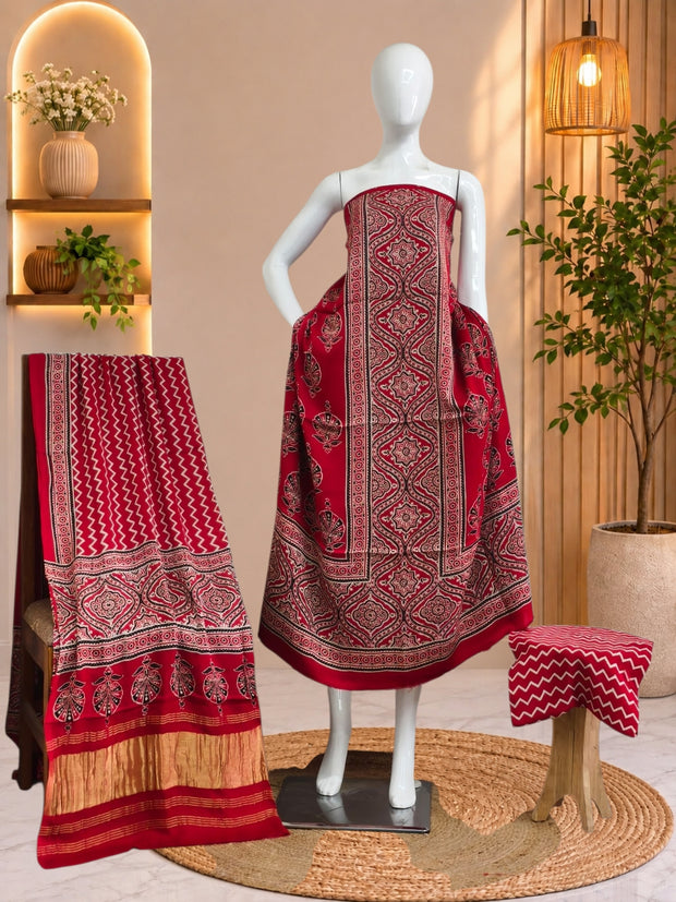 Premium  Ajrakh Hand Block Print Modal Silk 3-Piece Suit Set with Zari Pallu Dupatta