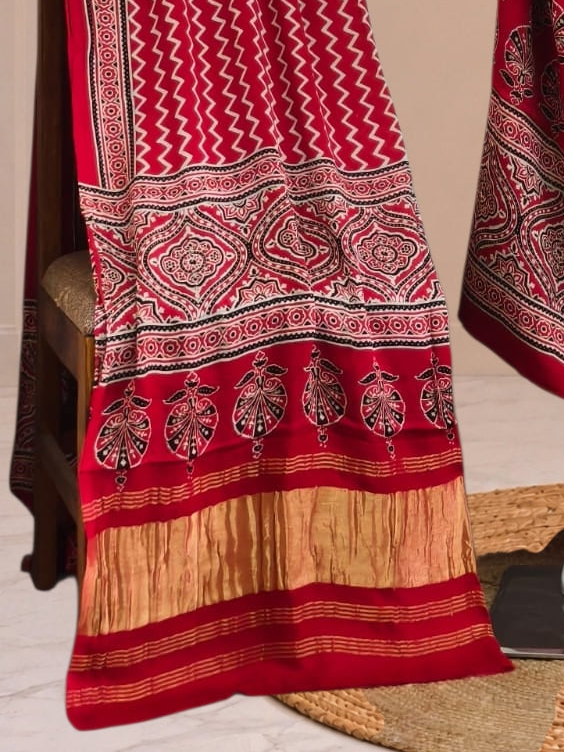 Premium  Ajrakh Hand Block Print Modal Silk 3-Piece Suit Set with Zari Pallu Dupatta