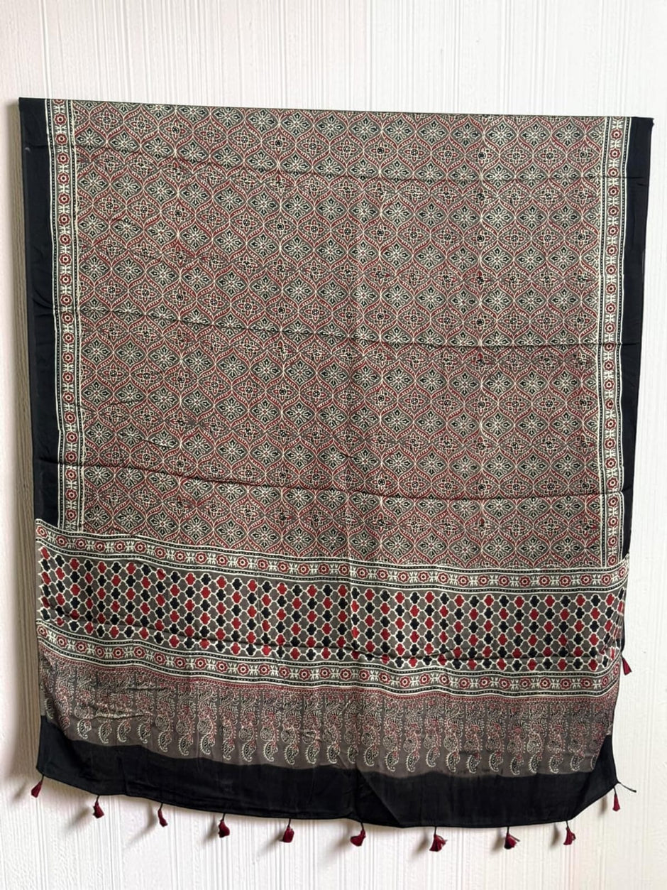 Ajrakh Modal Silk Natural Dye Dupatta with Tassels 21 - The Ajrakh Studio