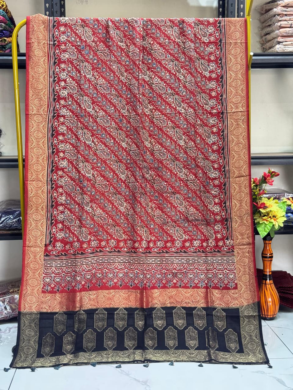 Dola Silk Ajrakh Hand Block Print Natural Dye Zari Pallu Dupatta 19 - The Ajrakh Studio