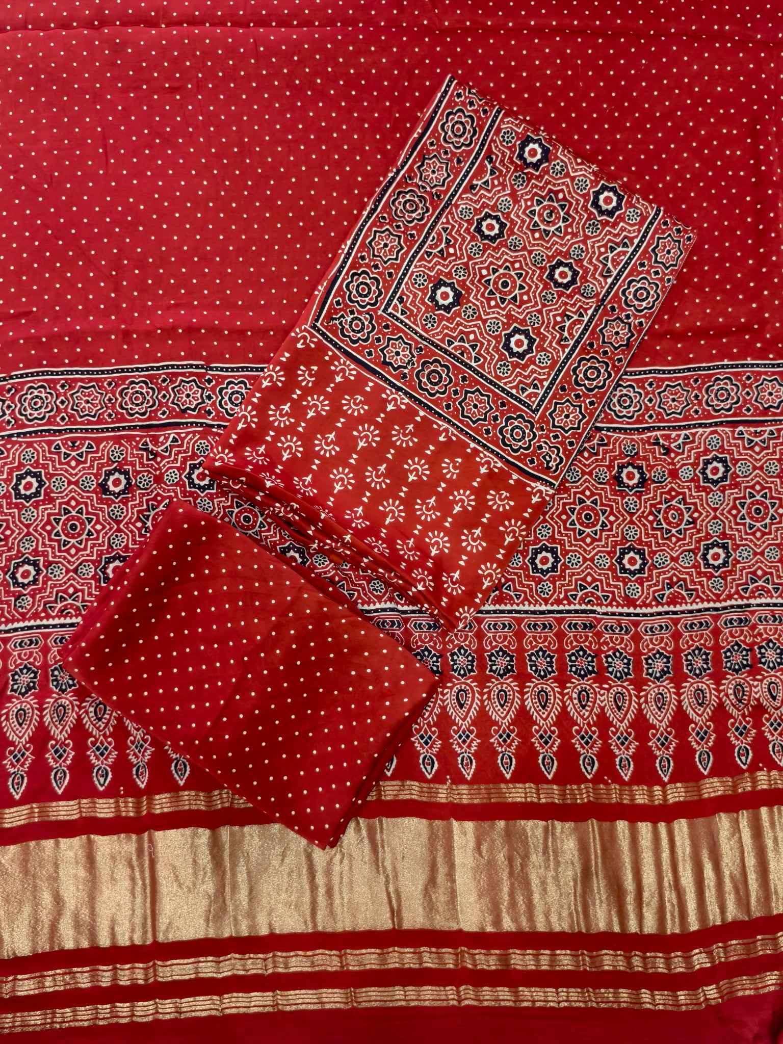 Premium Ajrakh Hand Block Print Modal Silk 3-Piece Suit Set with Zari Pallu Dupatta