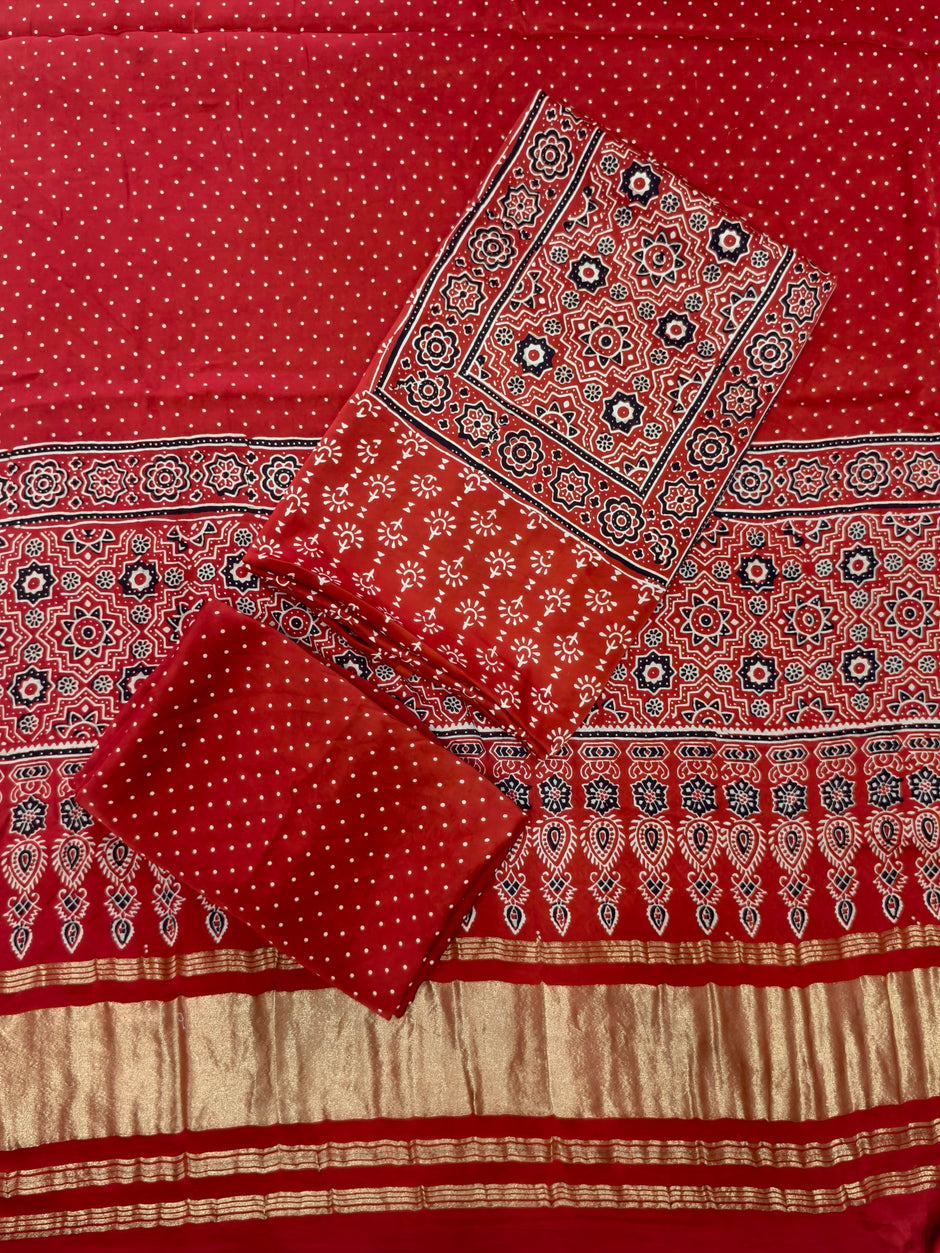 Premium Ajrakh Hand Block Print Modal Silk 3-Piece Suit Set with Zari Pallu Dupatta