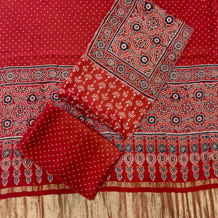 Premium Ajrakh Hand Block Print Modal Silk 3-Piece Suit Set with Zari Pallu Dupatta