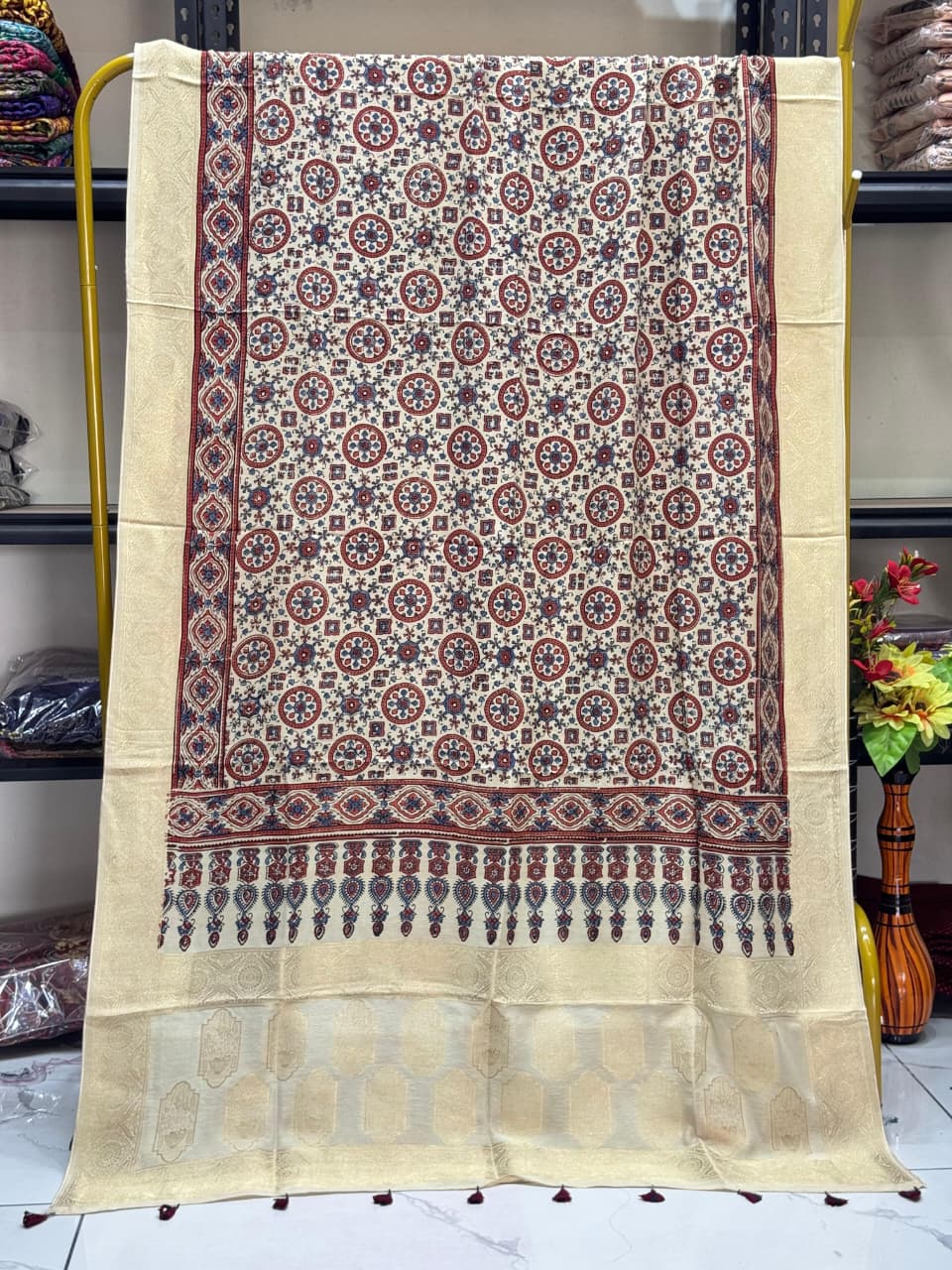 Dola Silk Ajrakh Hand Block Print Natural Dye Zari Pallu Dupatta 07 - The Ajrakh Studio