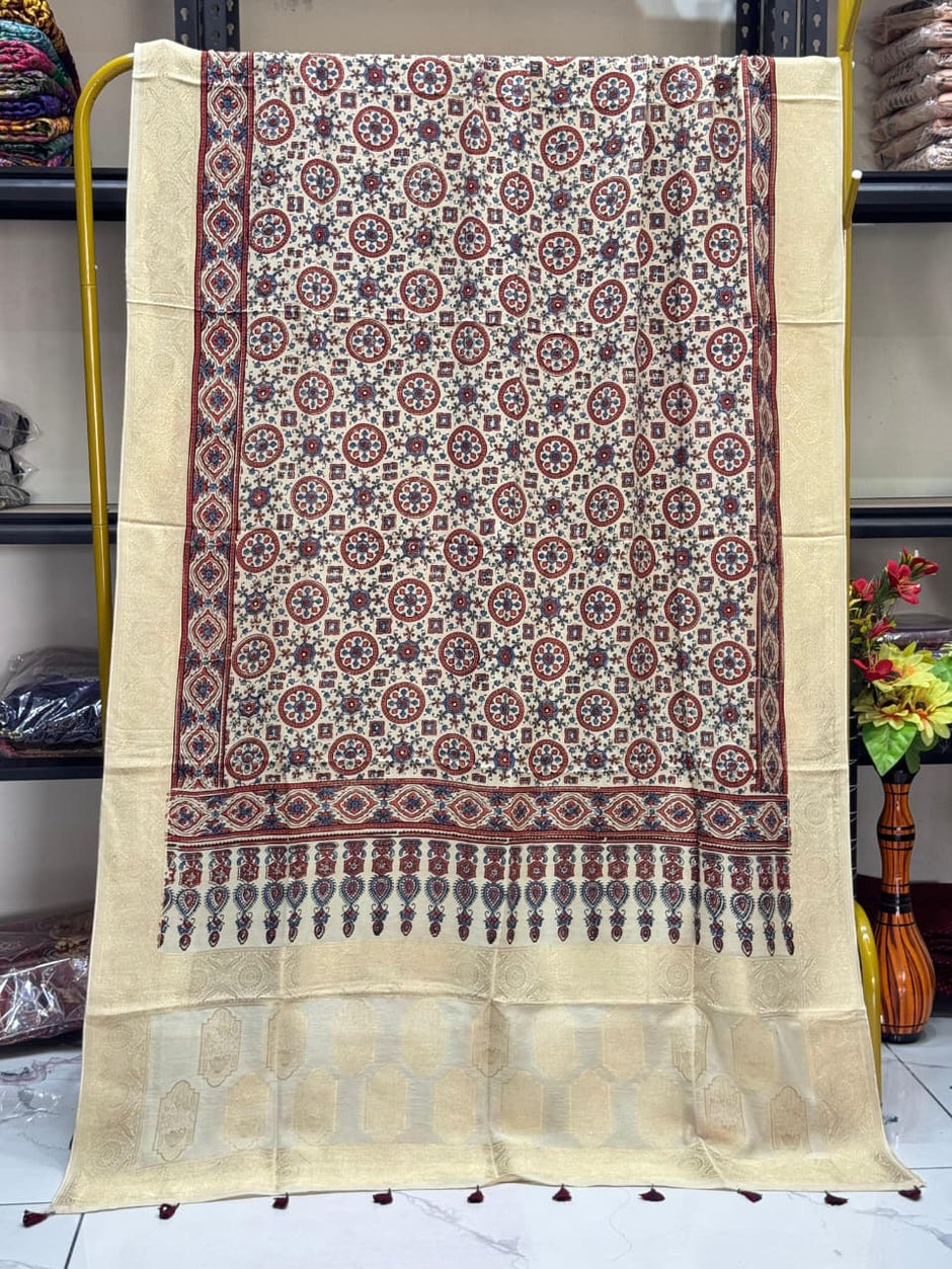 Dola Silk Ajrakh Hand Block Print Natural Dye Zari Pallu Dupatta 07 - The Ajrakh Studio