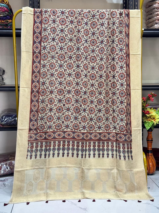 Dola Silk Ajrakh Hand Block Print Natural Dye Zari Pallu Dupatta 07 - The Ajrakh Studio