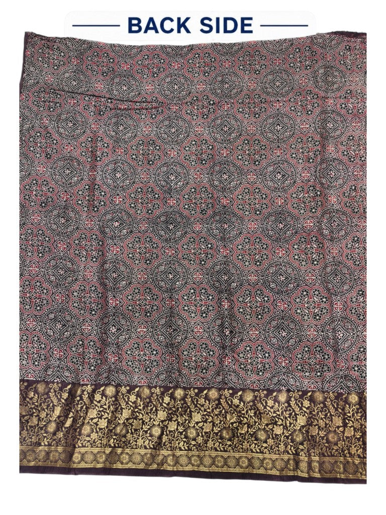 Premium Dola Silk Ajrakh Hand Block Print Natural Dye 2-Piece Suit with Zari Border Dupatta