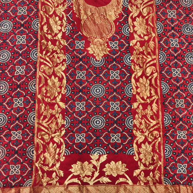 Premium Dola Silk Ajrakh Hand Block Print Natural Dye 2-Piece Suit with Zari Border Dupatta