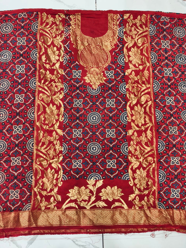 Premium Dola Silk Ajrakh Hand Block Print Natural Dye 2-Piece Suit with Zari Border Dupatta