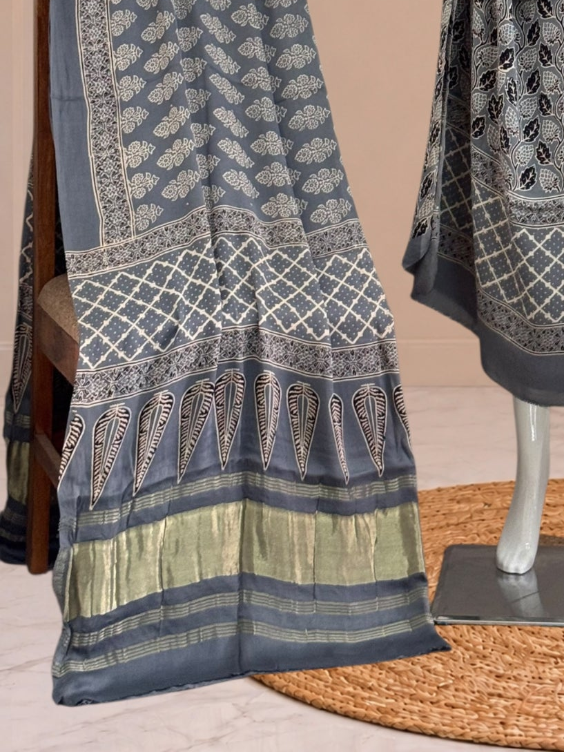 Premium  Ajrakh Hand Block Print Modal Silk 3-Piece Suit Set with Zari Pallu Dupatta