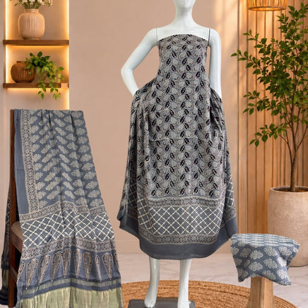 Premium  Ajrakh Hand Block Print Modal Silk 3-Piece Suit Set with Zari Pallu Dupatta