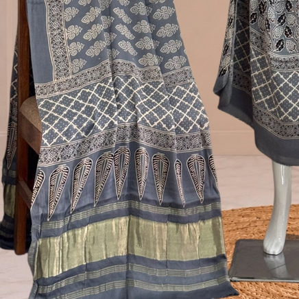 Premium  Ajrakh Hand Block Print Modal Silk 3-Piece Suit Set with Zari Pallu Dupatta