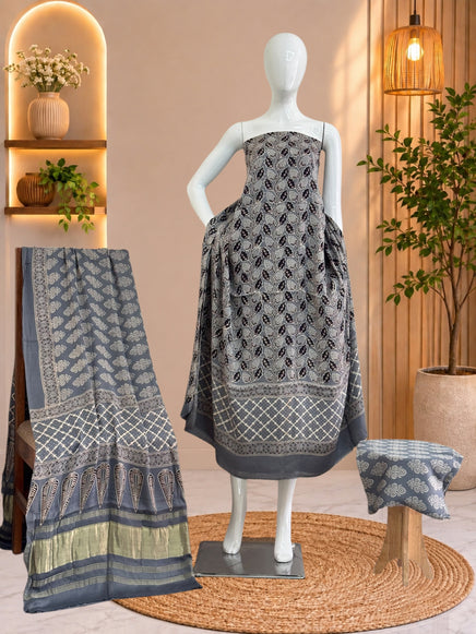 Premium  Ajrakh Hand Block Print Modal Silk 3-Piece Suit Set with Zari Pallu Dupatta