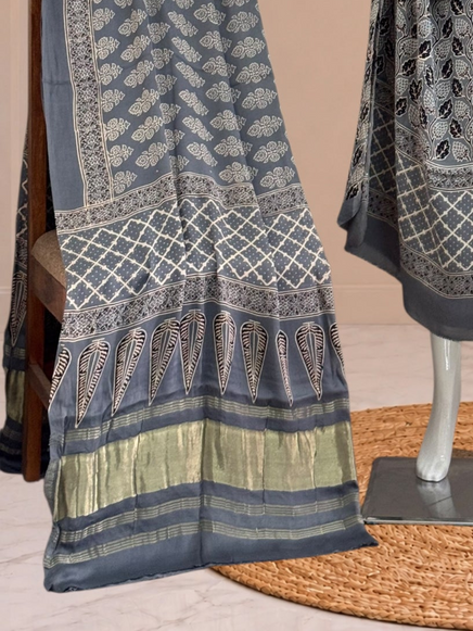 Premium  Ajrakh Hand Block Print Modal Silk 3-Piece Suit Set with Zari Pallu Dupatta