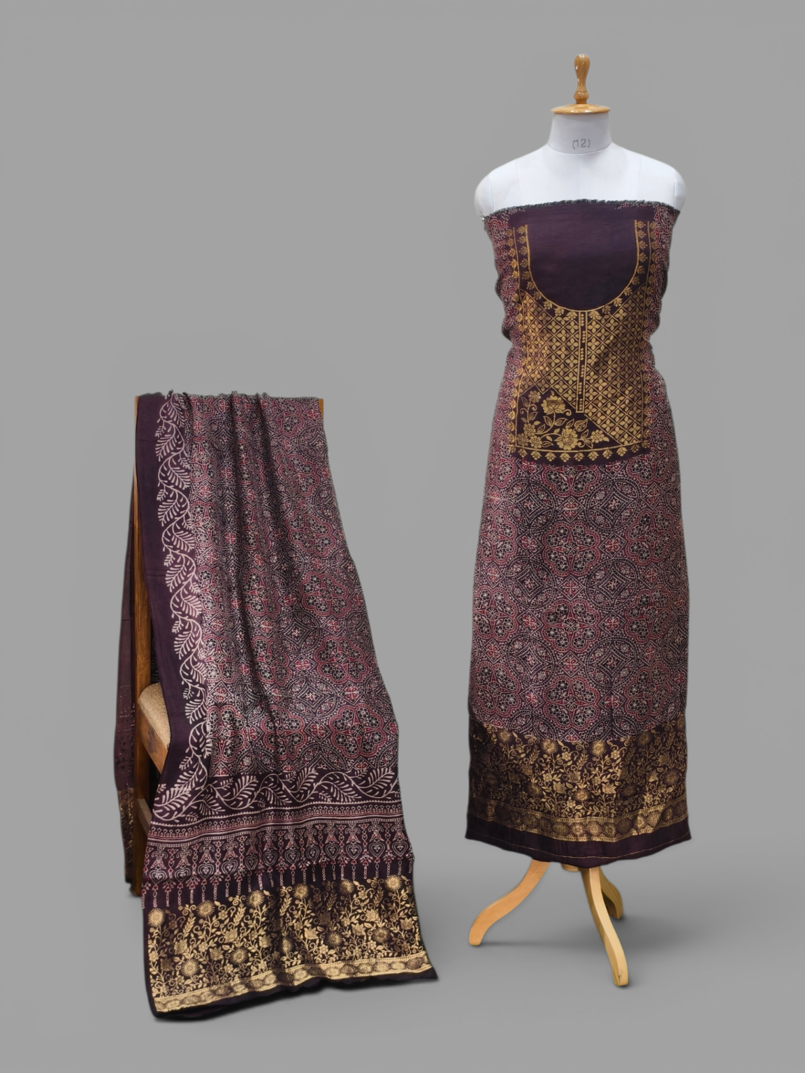 Premium Dola Silk Ajrakh Hand Block Print Natural Dye 2-Piece Suit with Zari Border Dupatta