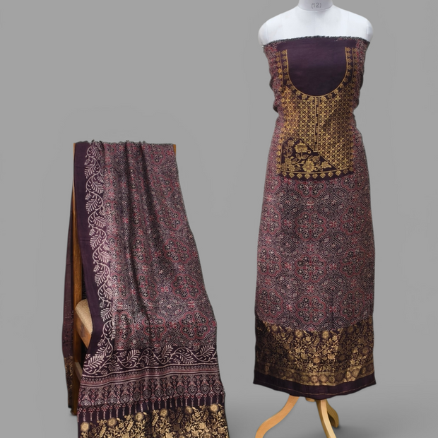 Premium Dola Silk Ajrakh Hand Block Print Natural Dye 2-Piece Suit with Zari Border Dupatta