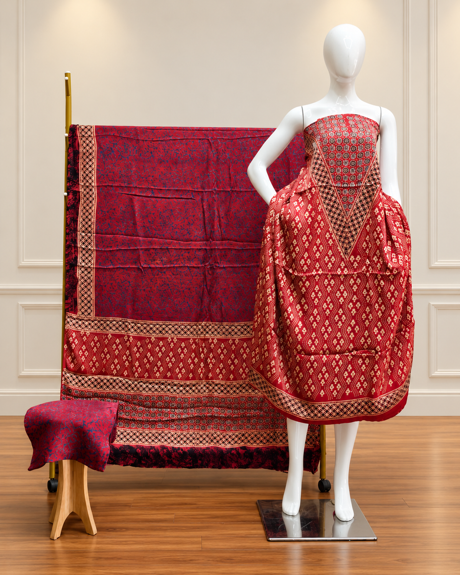 Havi Pure Modal Silk Ajrakh Hand Block Print Natural Dye 3-Piece Suit - The Ajrakh Studio