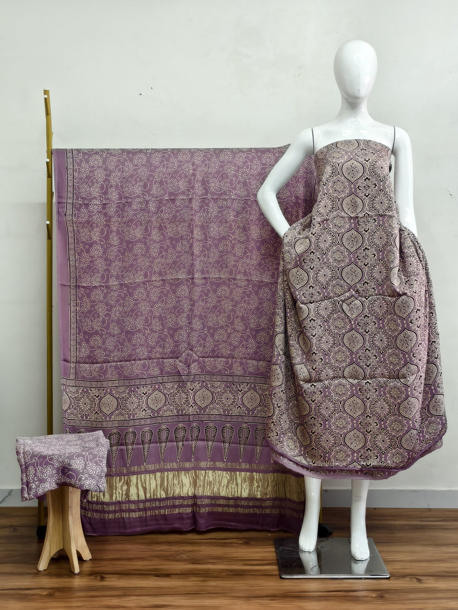 Havi Modal Silk Ajrakh Neptol Dye & Discharge Print Panel Design 3-Piece Suit - The Ajrakh Studio