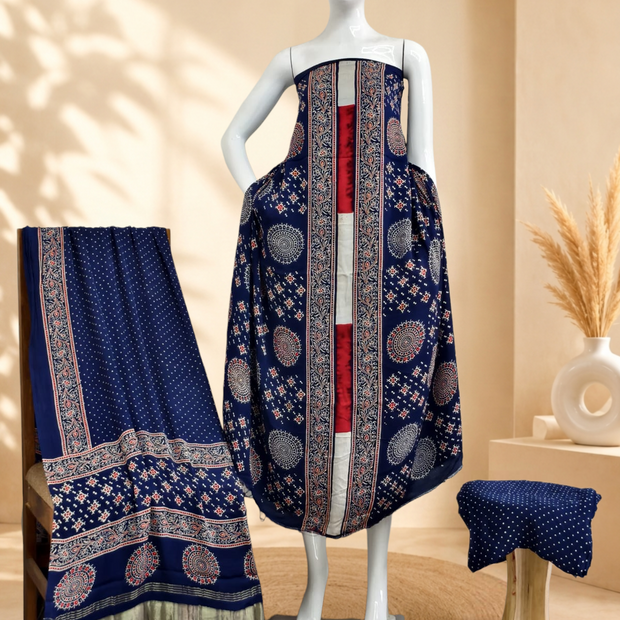 Premium Ajrakh Hand Block Print Modal Silk 3-Piece Suit Set with Zari Pallu Dupatta