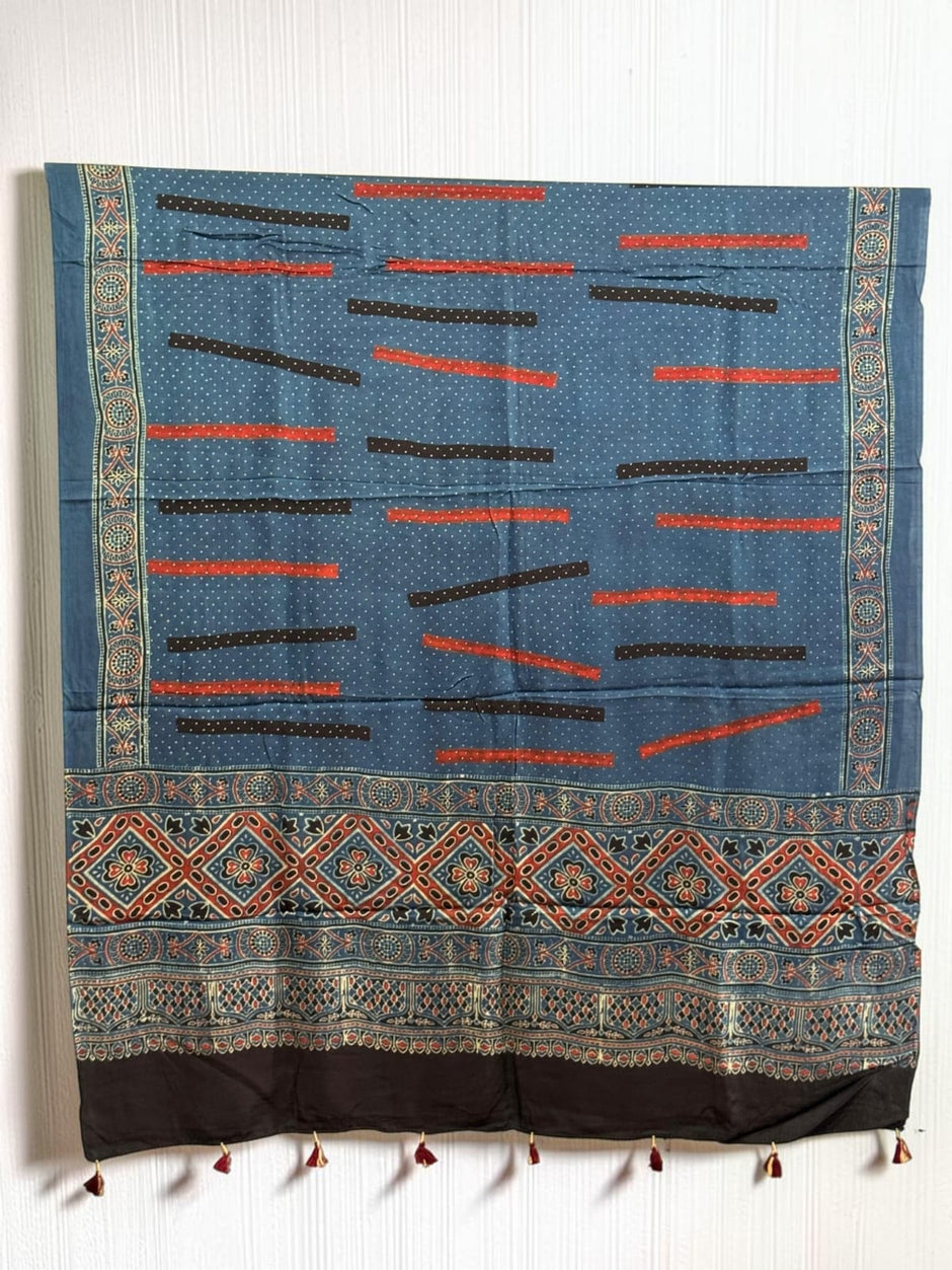Ajrakh Modal Silk Natural Dye Dupatta with Tassels 32 - The Ajrakh Studio