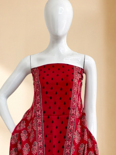 Premium Ajrakh Hand Block Print Modal Silk 3-Piece Suit Set with Zari Pallu Dupatta