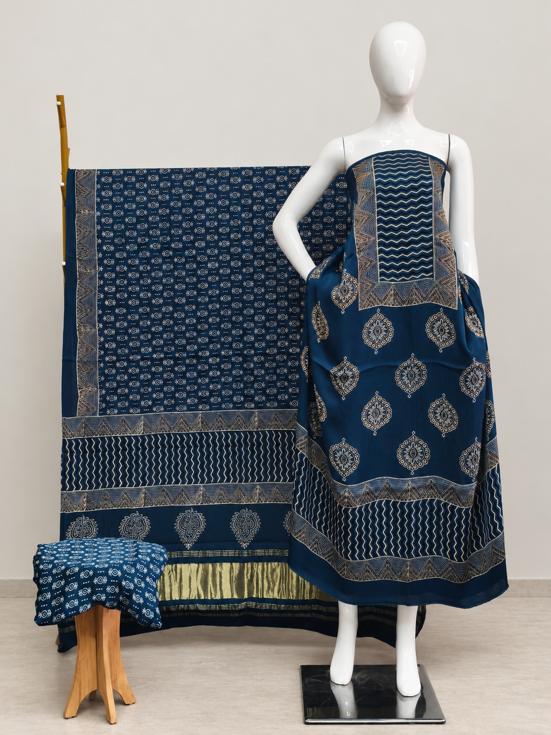 Havi Modal Silk Ajrakh Neptol Dye & Discharge Print Panel Design 3-Piece Suit - The Ajrakh Studio