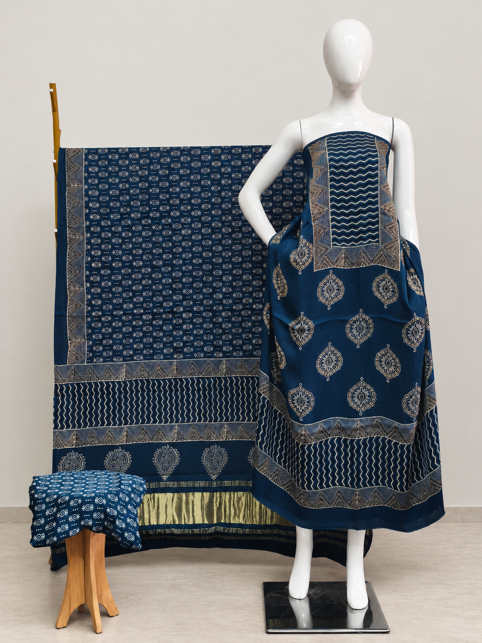 Havi Modal Silk Ajrakh Neptol Dye & Discharge Print Panel Design 3-Piece Suit - The Ajrakh Studio