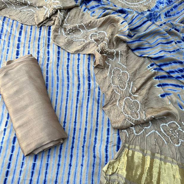 Chiku & blue Modal Silk Tie & Dye Bandhani Dupatta 3 Piece Suits