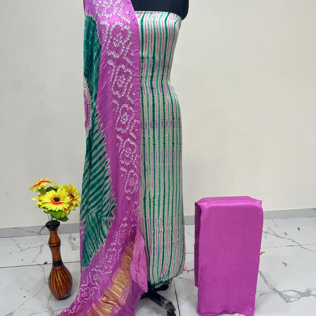 Pink & Green Modal Silk Tie & Dye Bandhani Dupatta 3 Piece Suits