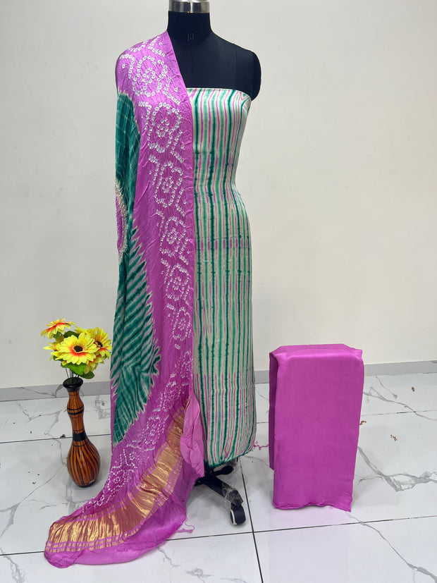 Pink & Green Modal Silk Tie & Dye Bandhani Dupatta 3 Piece Suits